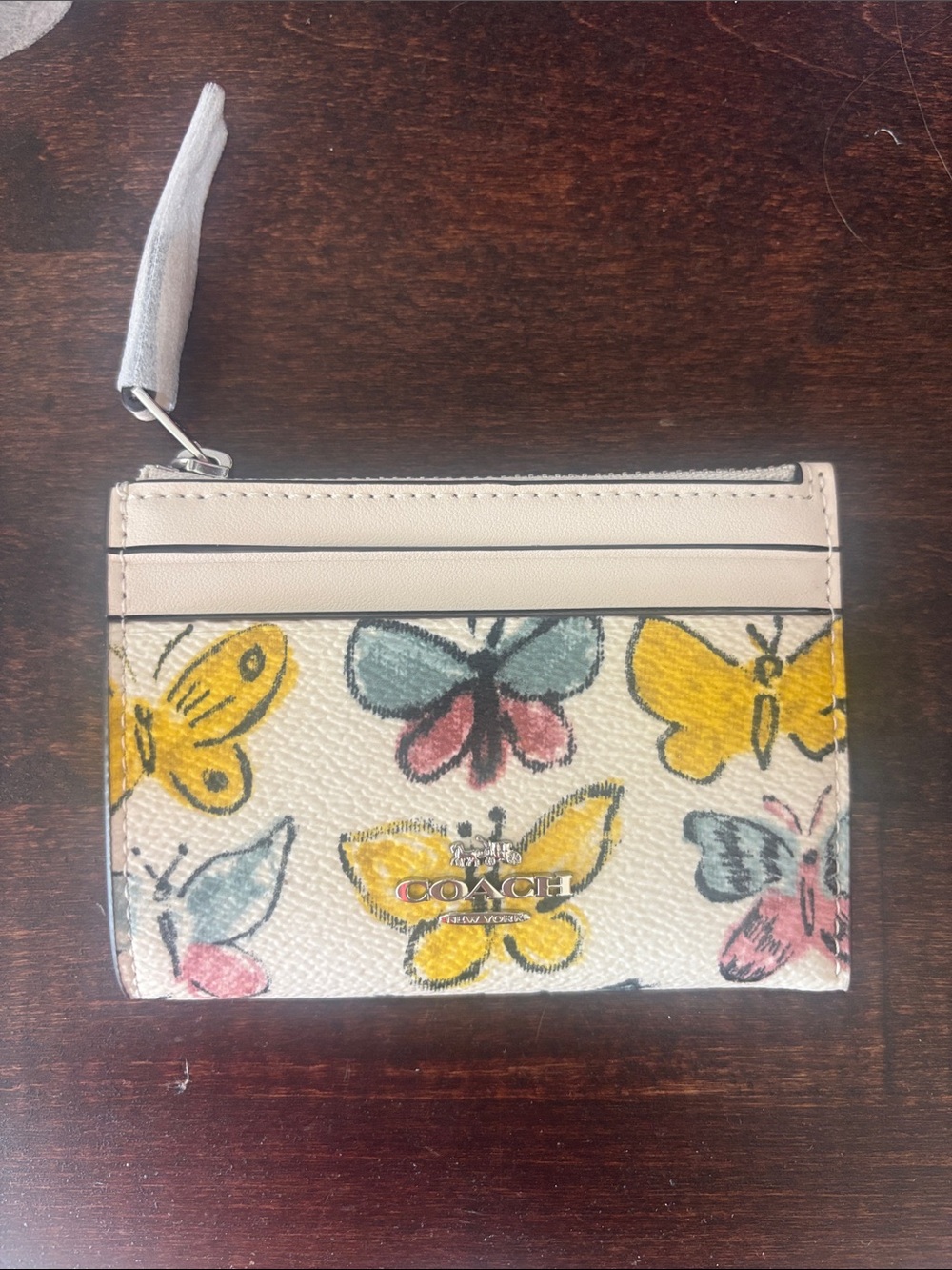 Coach Cream Butterfly Print Card Case with Yellow and Blue Accents